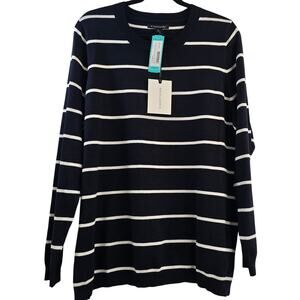 Women's Navy White Stripe Sweater Plus 1X Minimalist Soft Cozy Winter Layering